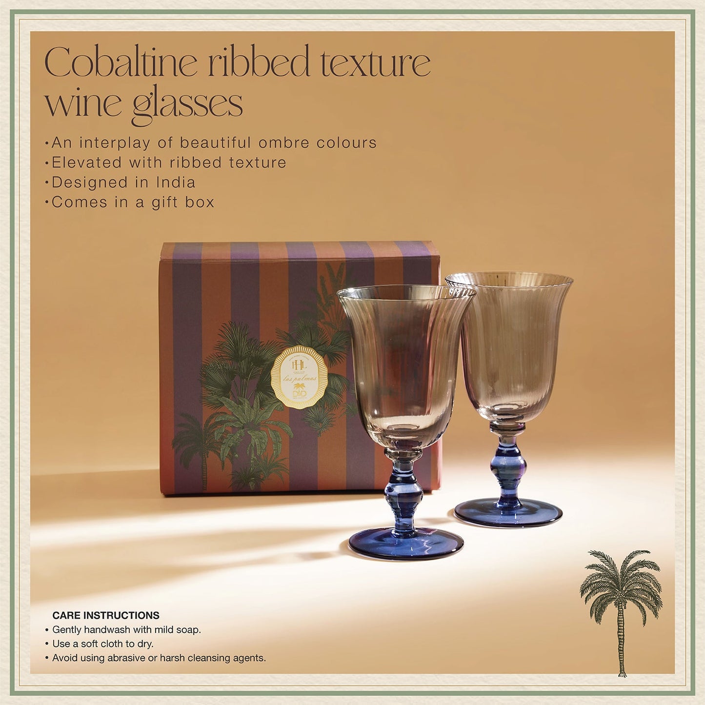 Set of 2 Blue & Grey Cobaltine Ribbed Texture Wine Glasses