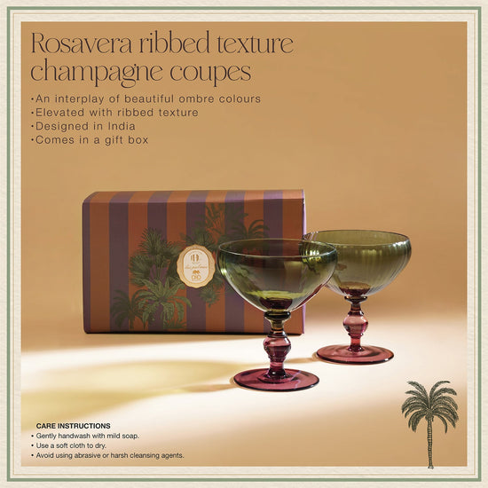 Set of 2 Green & Burgundy Rosavera Ribbed Texture Champagne Coupes