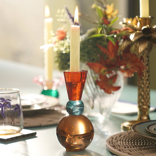 Orange Three Tone Cut Glass Candle Holder