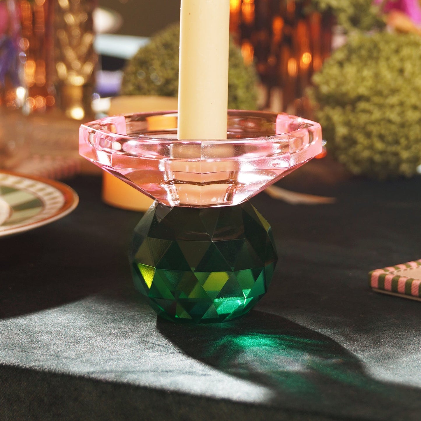 Pink & Green Two Tone Cut Glass Candle Holder