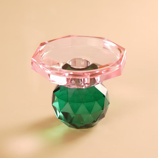 Pink & Green Two Tone Cut Glass Candle Holder