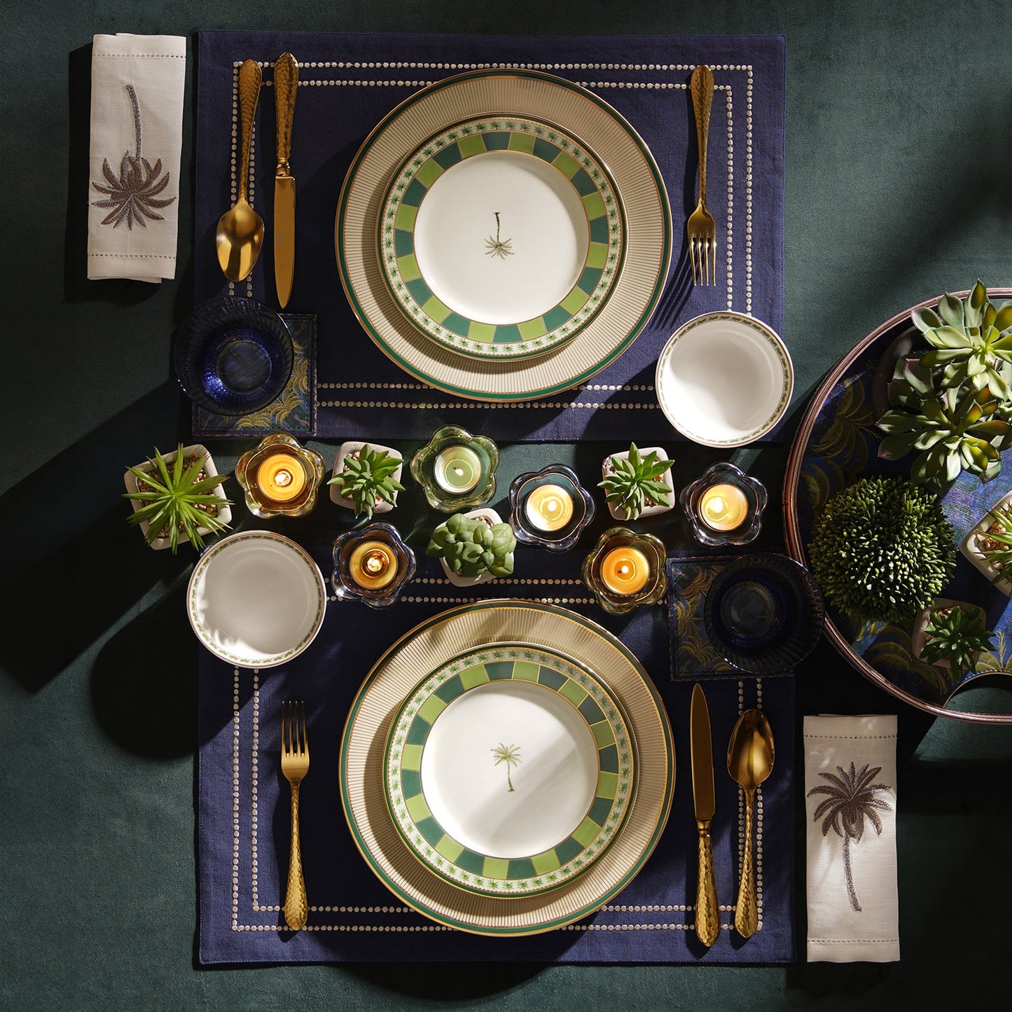 Set of 2 Beige & Green Verde Print Porcelain Dinner Plates