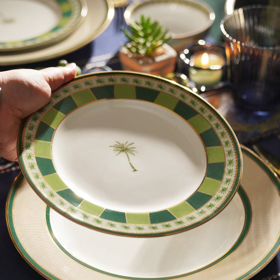 Set of 2 Beige & Green Verde Print Porcelain Dessert Plates