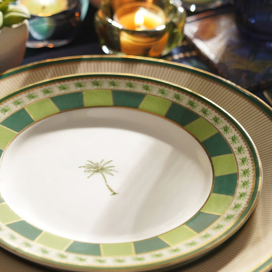 Set of 2 Beige & Green Verde Print Porcelain Dessert Plates