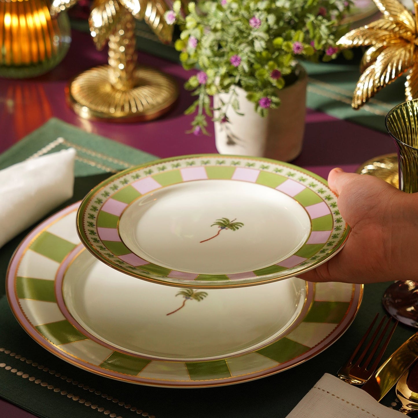 Set of 2 Pink & Green Palmera Print Porcelain Dessert Plates