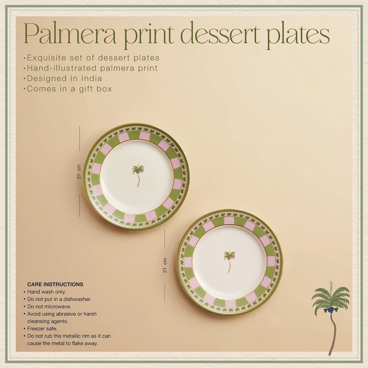 Set of 2 Pink & Green Palmera Print Porcelain Dessert Plates