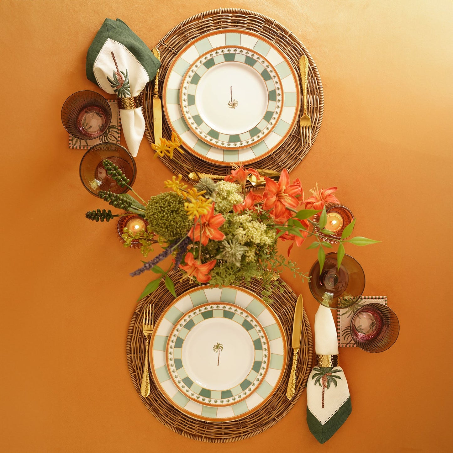 Set of 2 Orange & Mint Tera Print Porcelain Dinner Plates