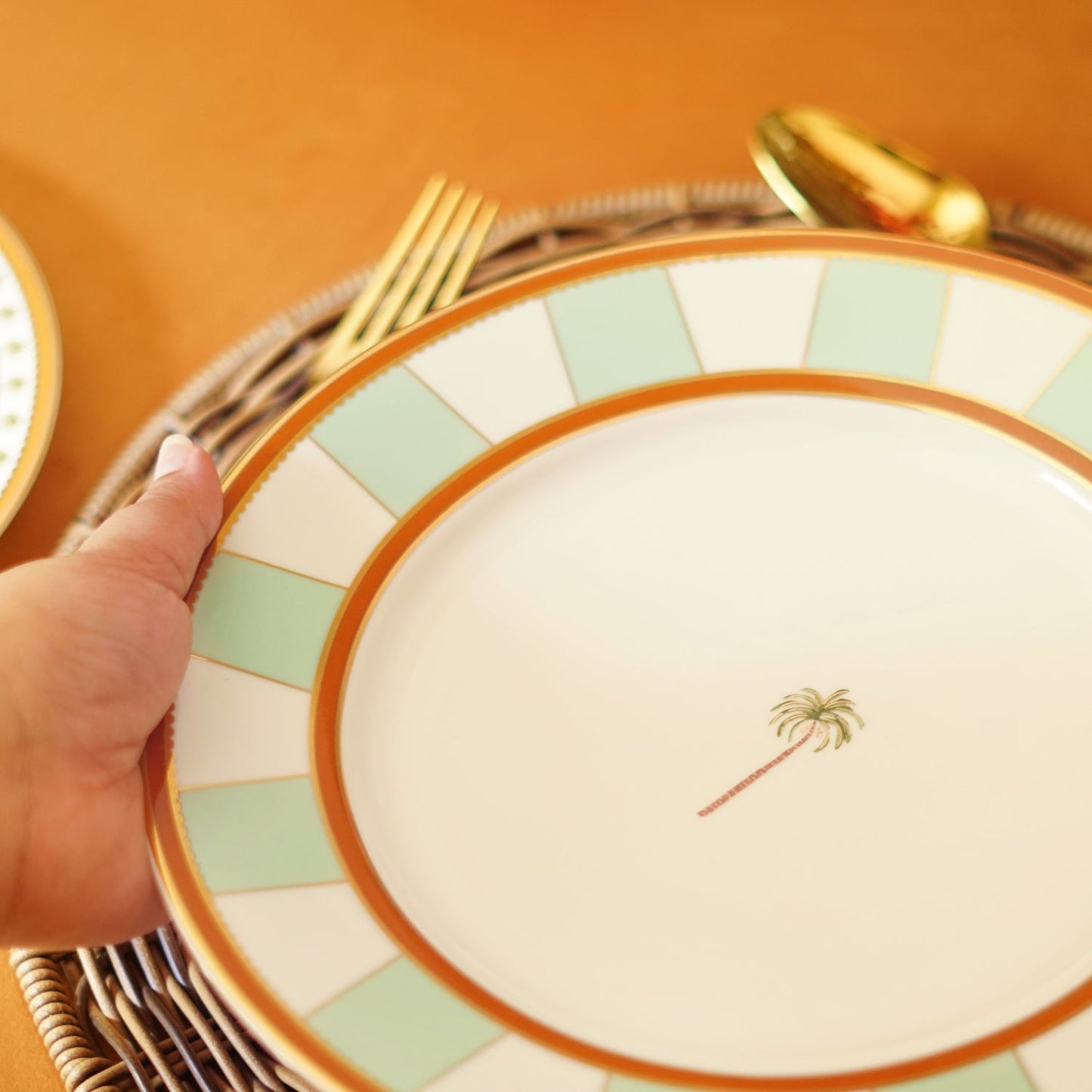 Set of 2 Orange & Mint Tera Print Porcelain Dinner Plates