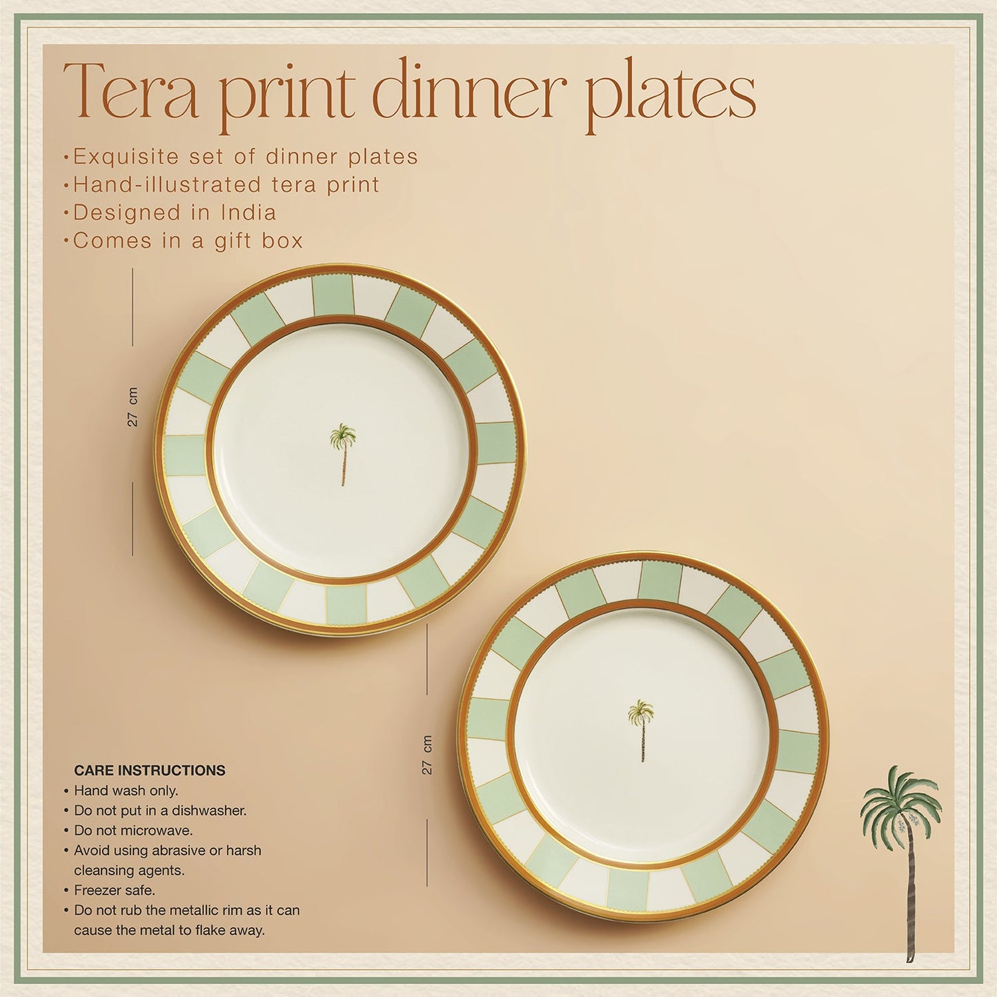 Set of 2 Orange & Mint Tera Print Porcelain Dinner Plates