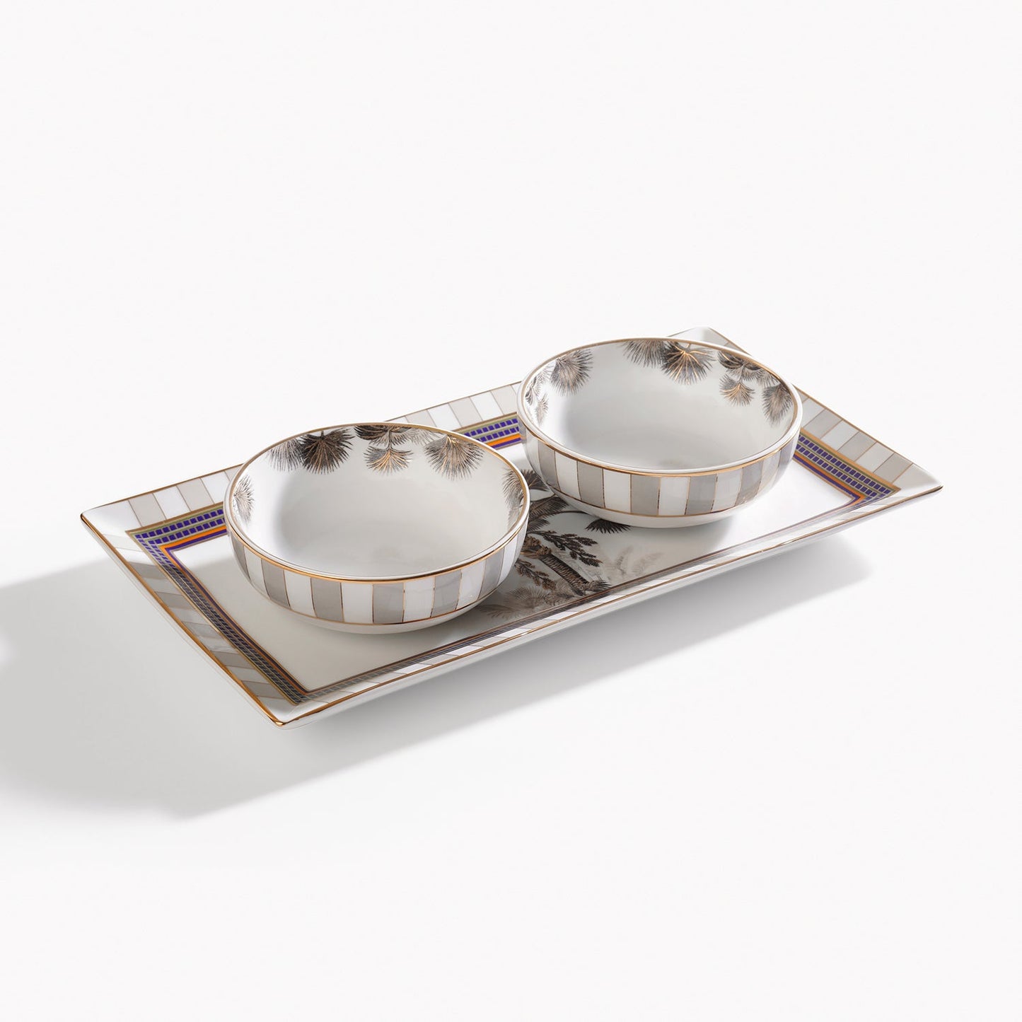 Beige & White Palmier Print Rectangular Porcelain Tray with Bowls