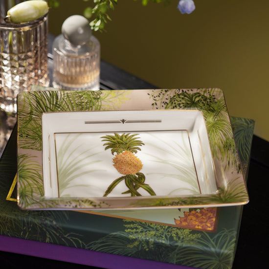 Beige & Green Ananas Print Porcelain Trinket Tray