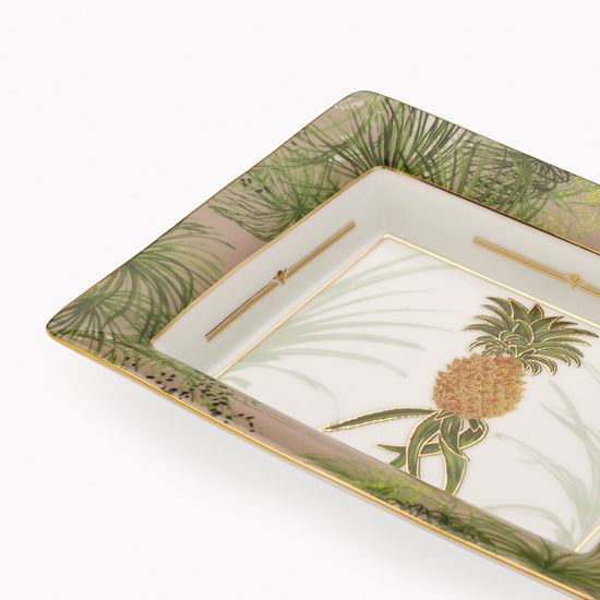 Beige & Green Ananas Print Porcelain Trinket Tray