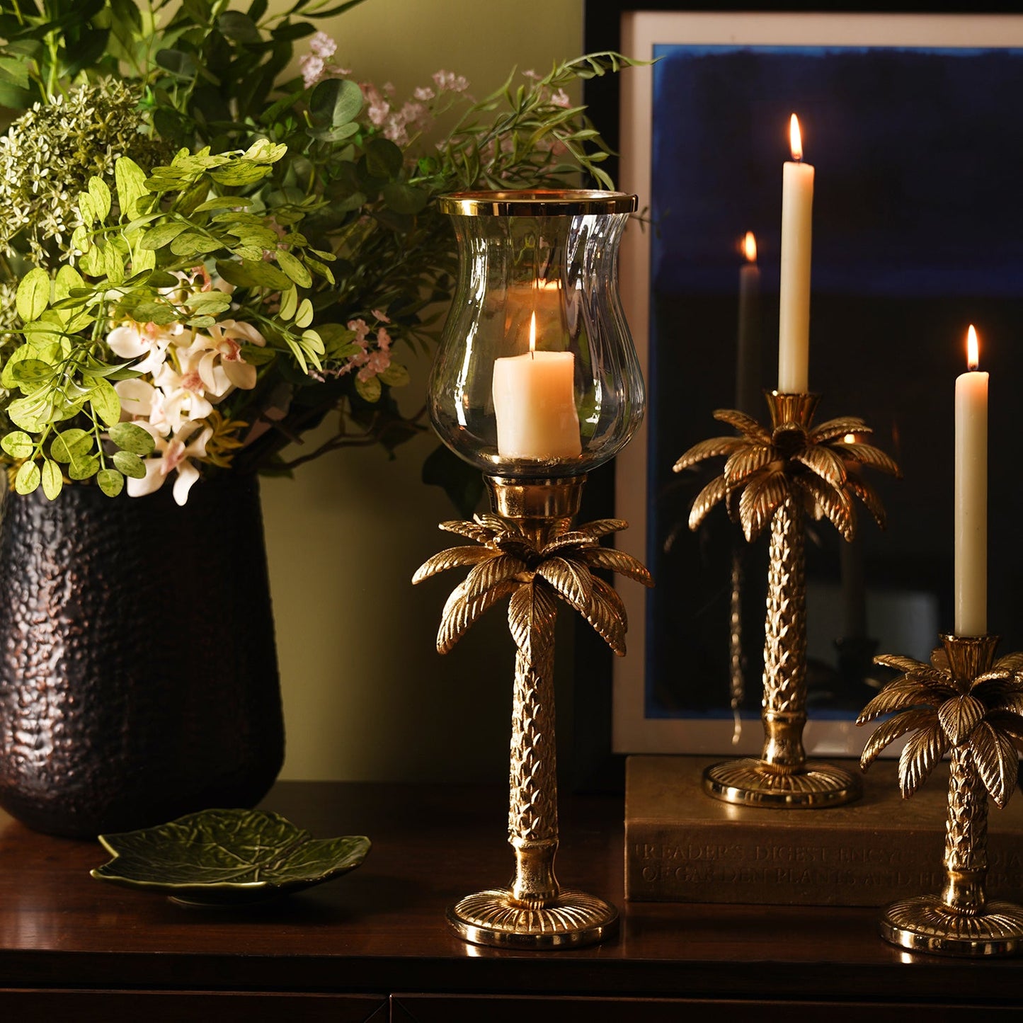 Clear & Gold Palm Hurricane Candle Holder