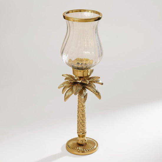 Clear & Gold Palm Hurricane Candle Holder