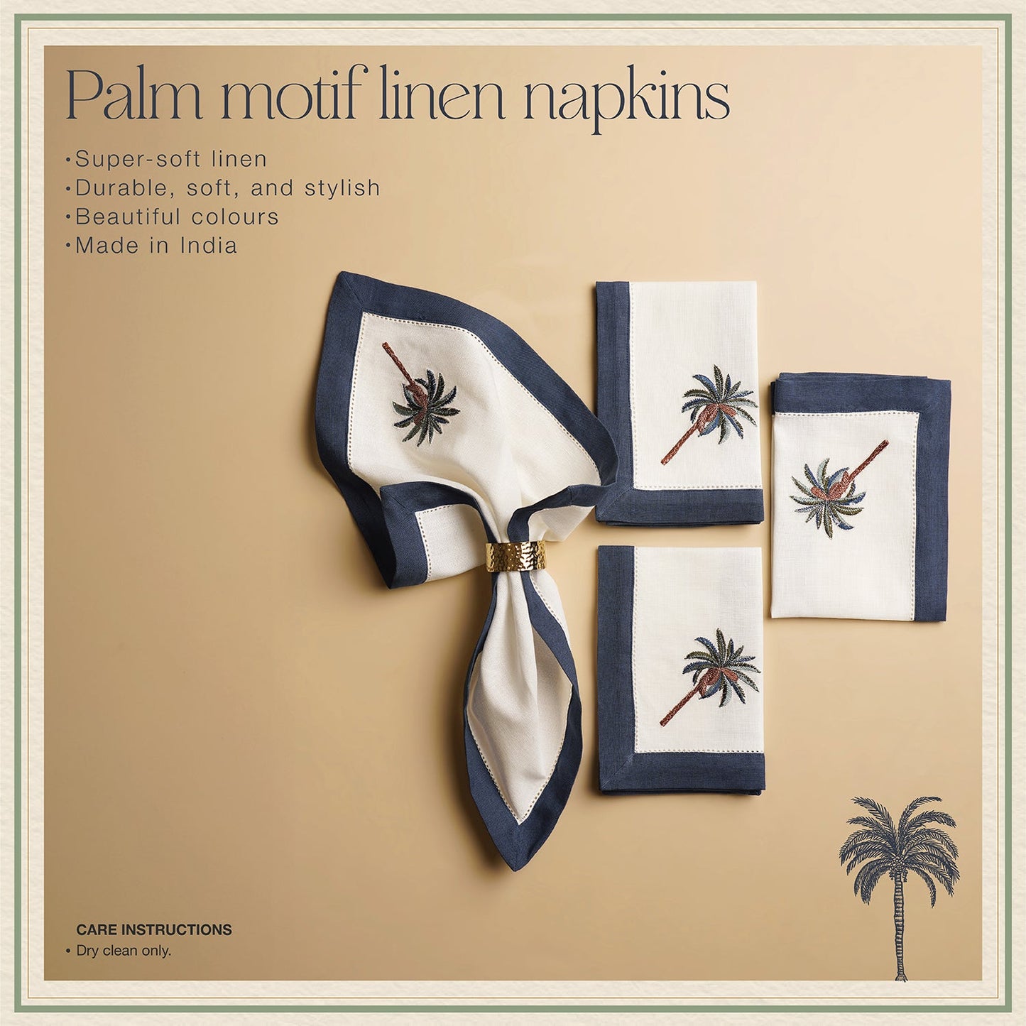 Set of 4 Blue Palm Motif Linen Napkins