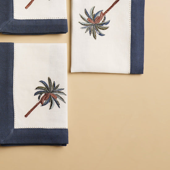 Set of 4 Blue Palm Motif Linen Napkins