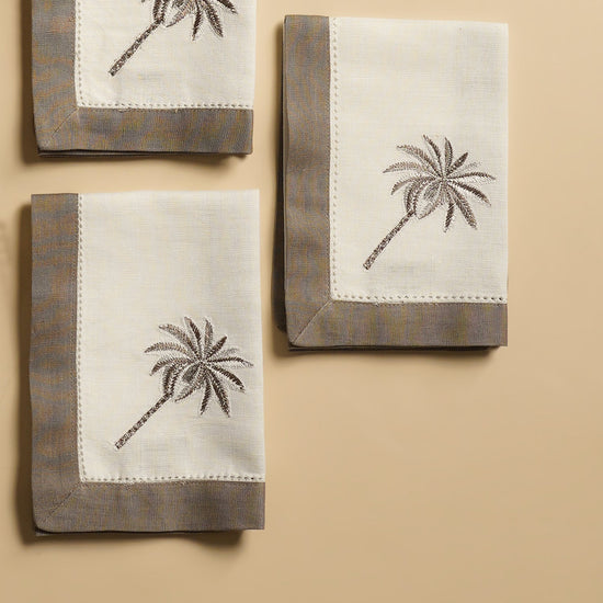 Set of 4 Grey Palm Motif Linen Napkins