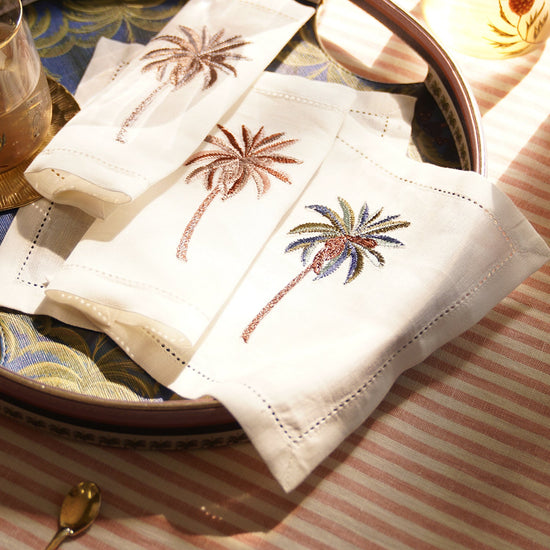 Set of 6 Off White Linen Palm Motif Cocktail Napkins