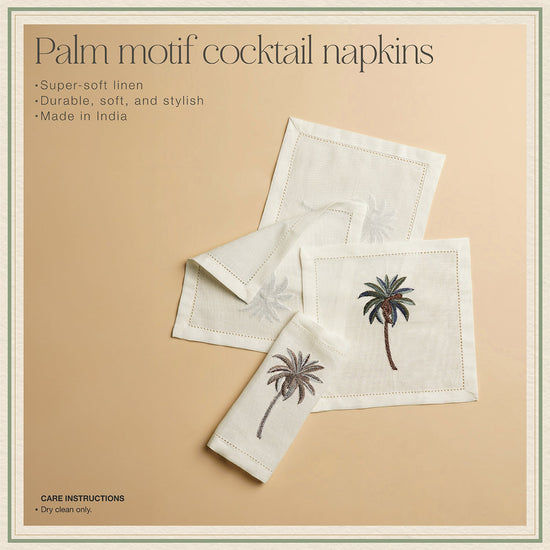 Set of 6 Off White Linen Palm Motif Cocktail Napkins