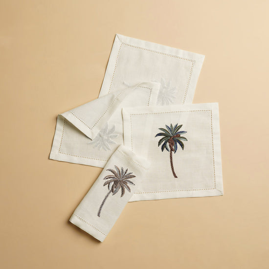 Set of 6 Off White Linen Palm Motif Cocktail Napkins