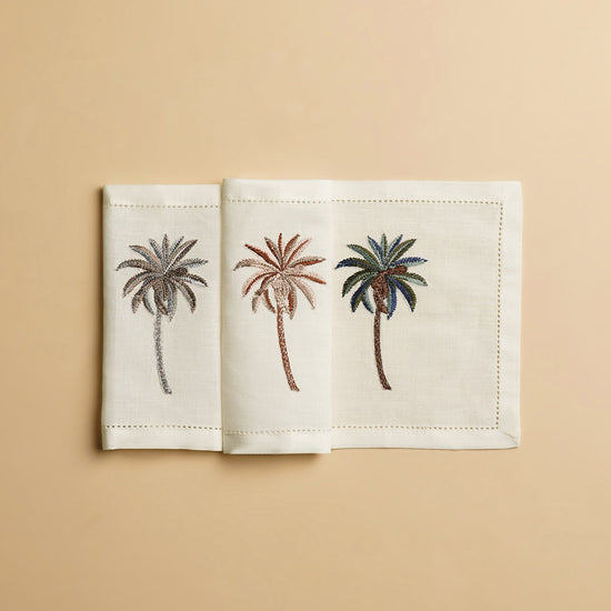 Set of 6 Off White Linen Palm Motif Cocktail Napkins