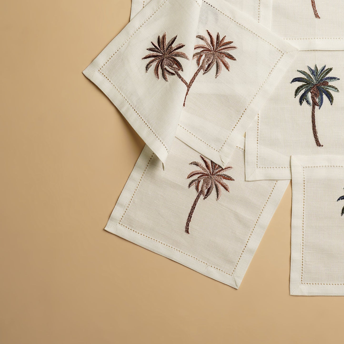 Set of 6 Off White Linen Palm Motif Cocktail Napkins